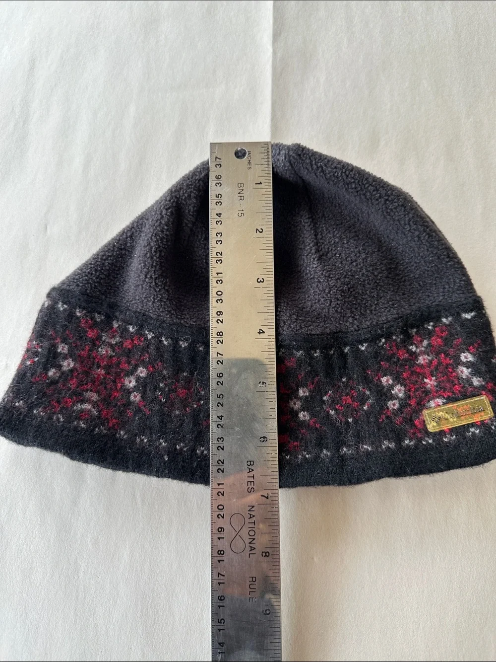 Columbia Black Fleece Kids Beanie with Red and Gray Pattern